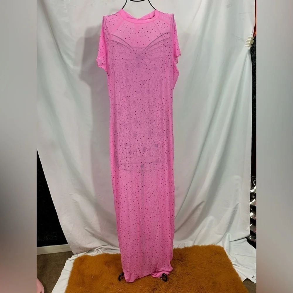 NWT SKims Taffy Pink Mesh rhinestone swim cover up maxi dress size 4X
